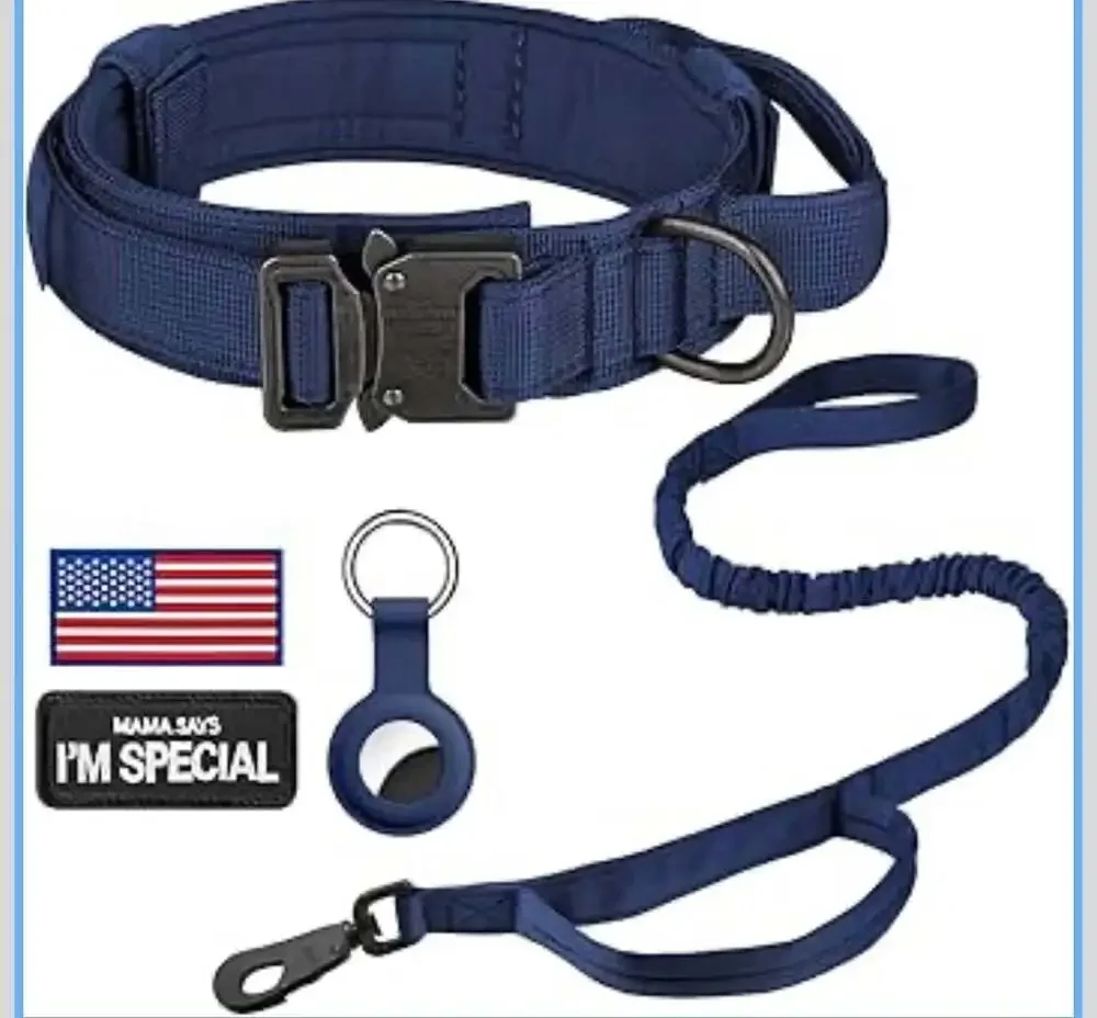 Tactical Dog Collar and Bungee Leash Set with AirTag Case and Patches, Navy Blue